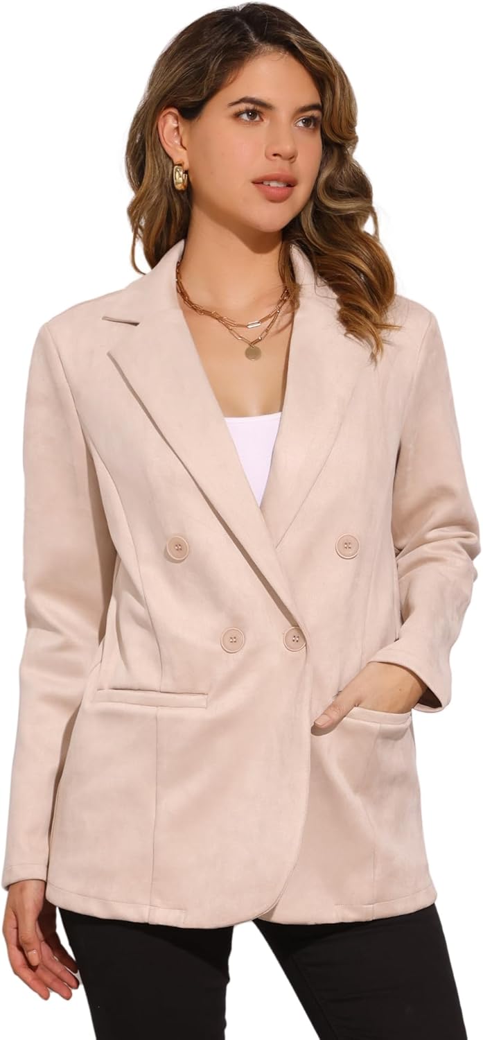 Allegra K Women’s Faux Suede Blazer Elegant Lapel Double Breasted Suit Jacket
