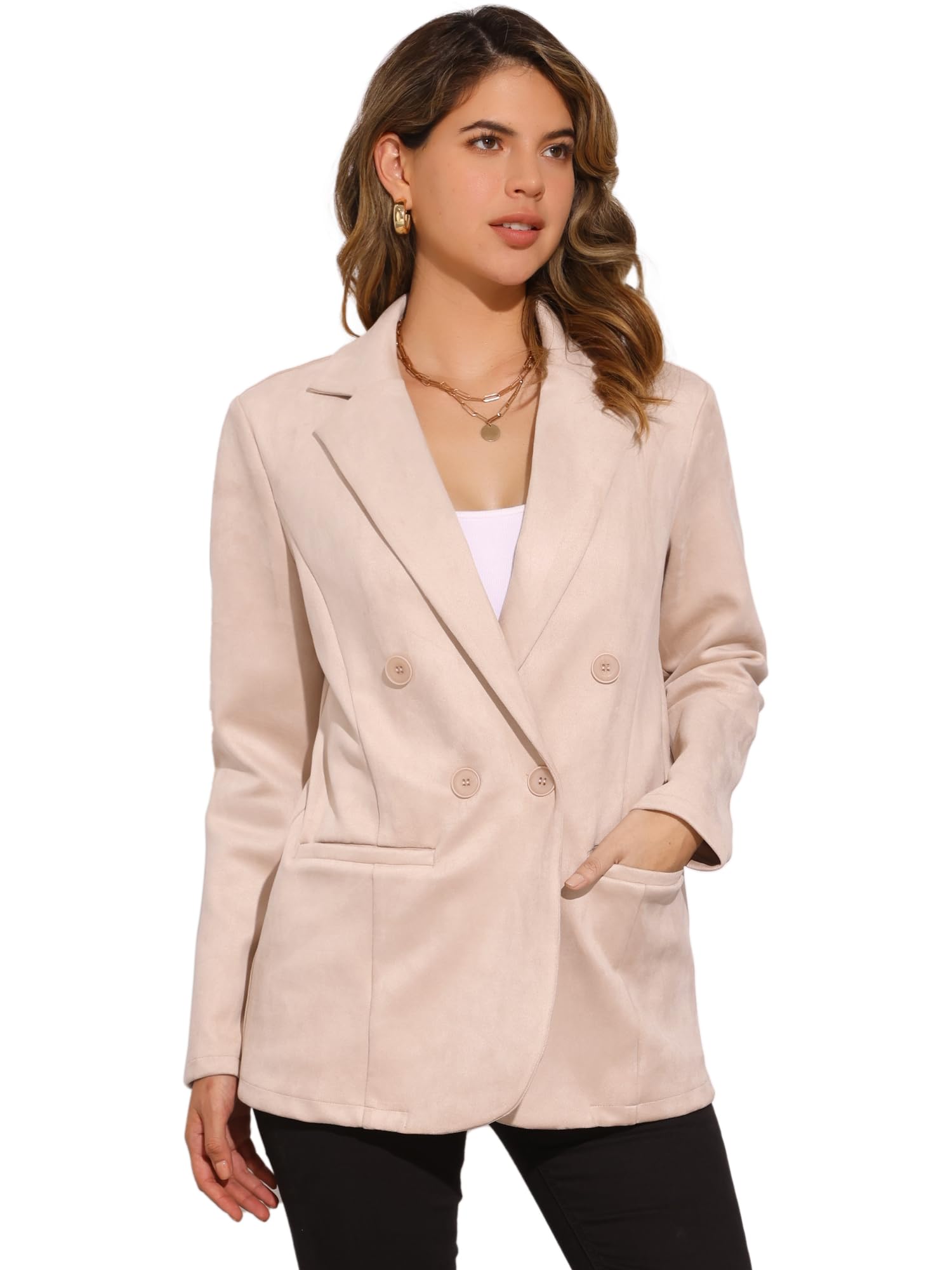 Allegra K Faux Suede Blazer for Womens Business Casual Lapel Collar Double Breasted Suit Jacket