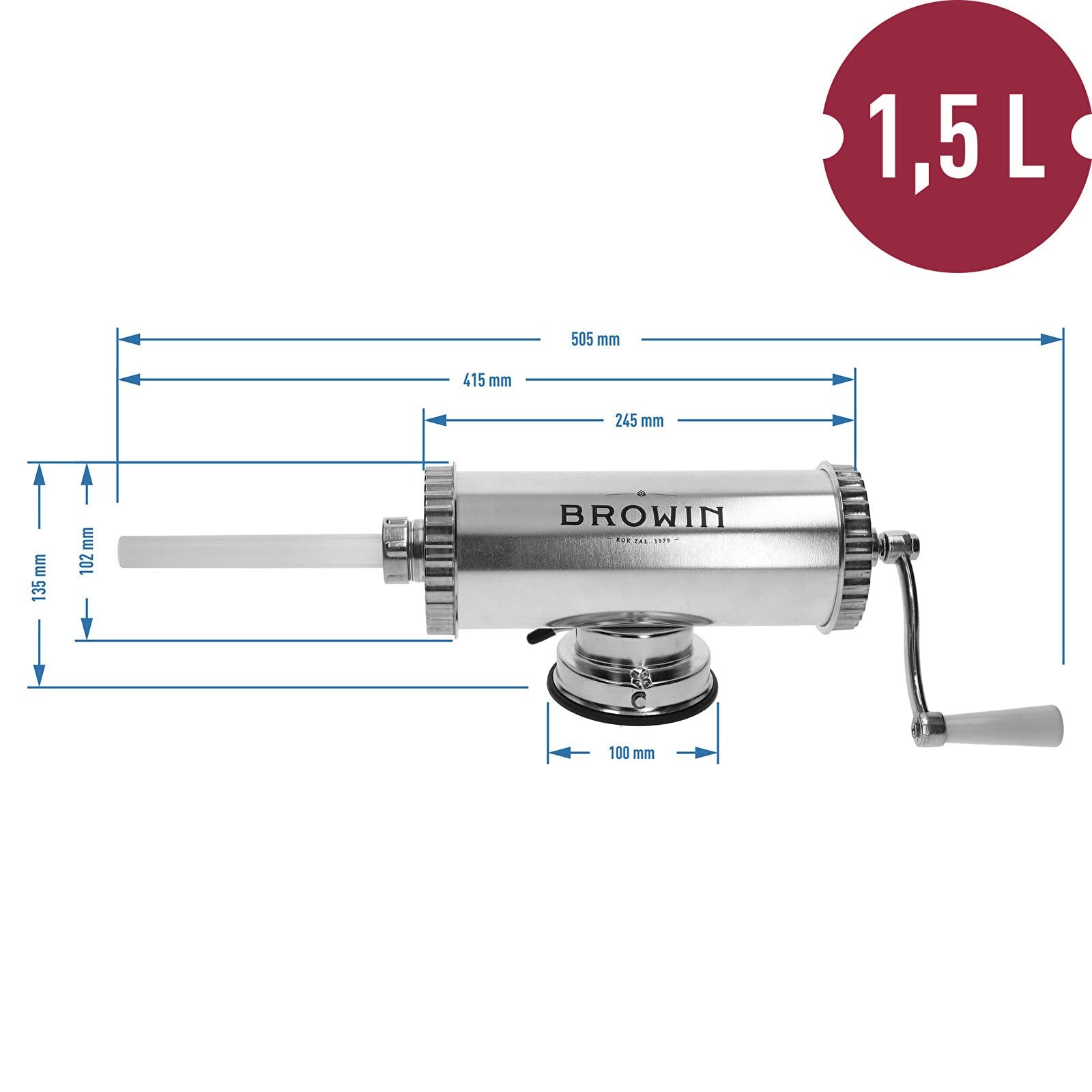 Browin 311009 Riempitore manuale orizzontale con pistone in silicone, 1,5 kg, acciaio inossidabile, 4 imbuti