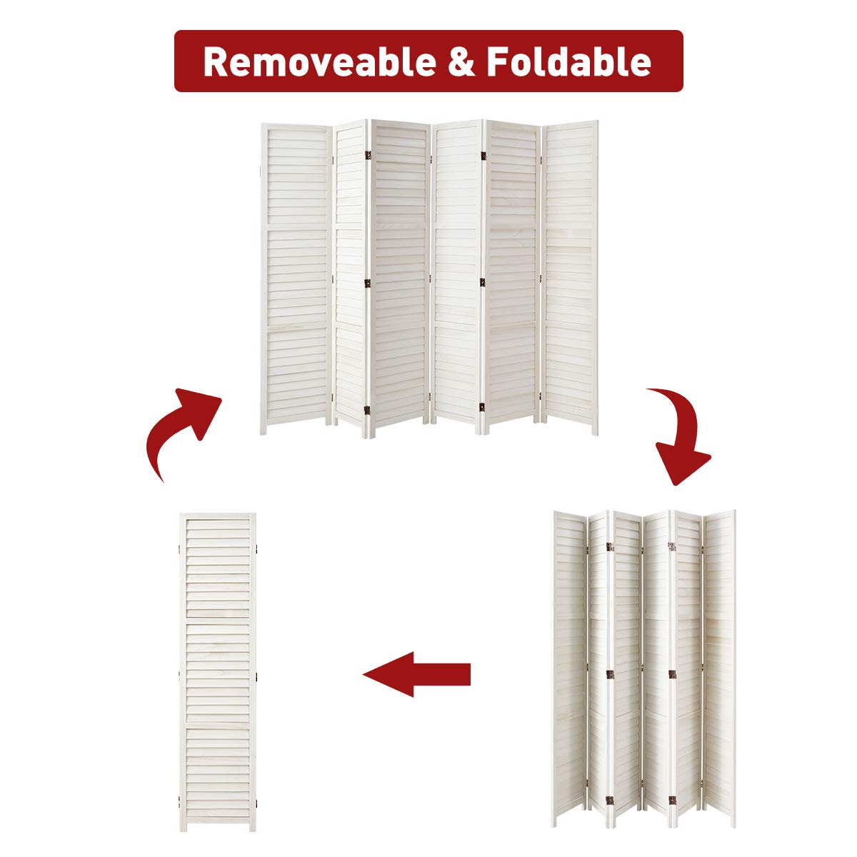 Esright 6 Panel Wood Room Divider, 5.6 Ft Tall Folding Privacy Screen