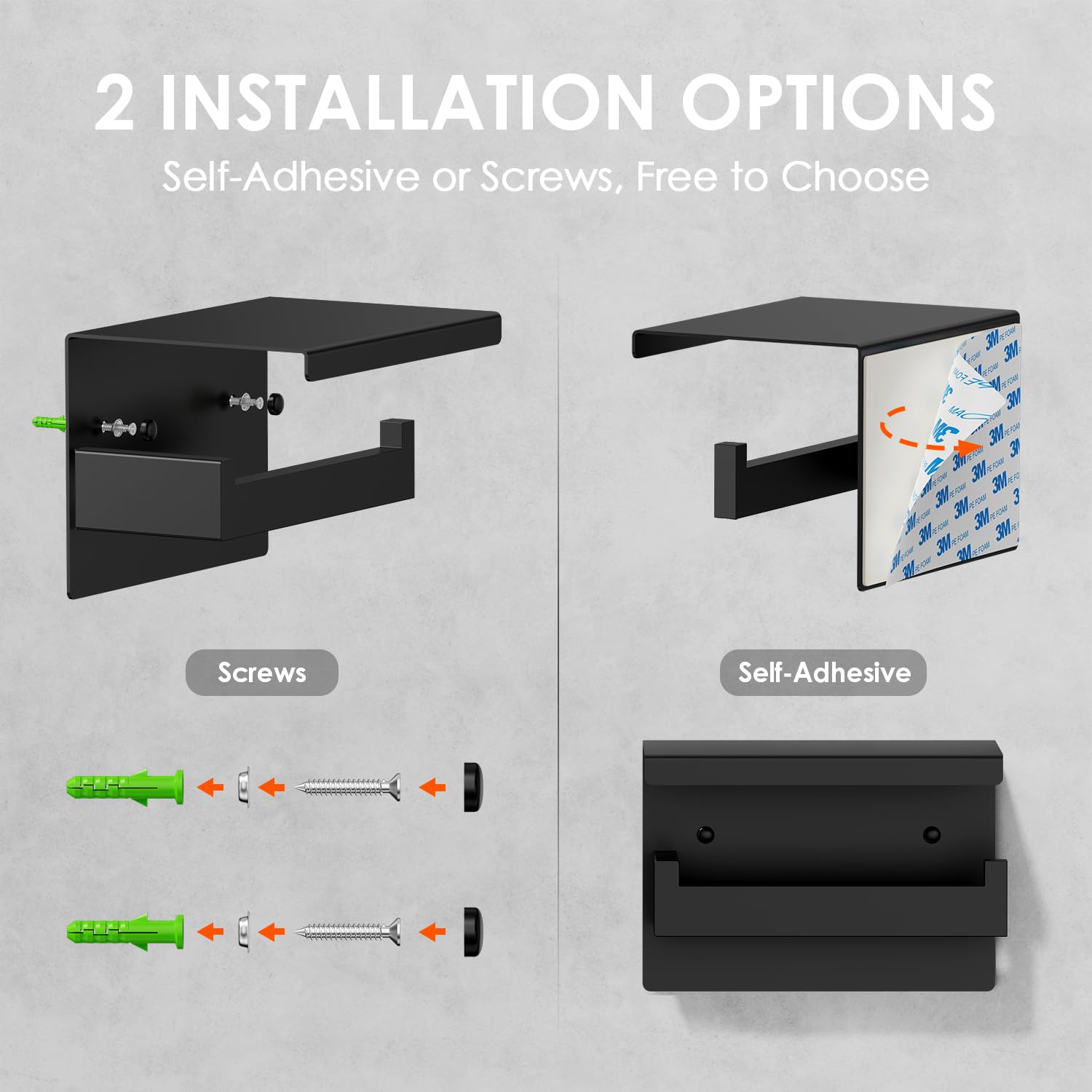 Auxmir Portarrollos Papel Higienico, Portarrollos Baño Adhesivo, Acero Inoxidable, Porta Rollos de Papel Higienico con Estante de Almacenamiento, Soporte Papel Higienico para Cocina, Baño, Negro