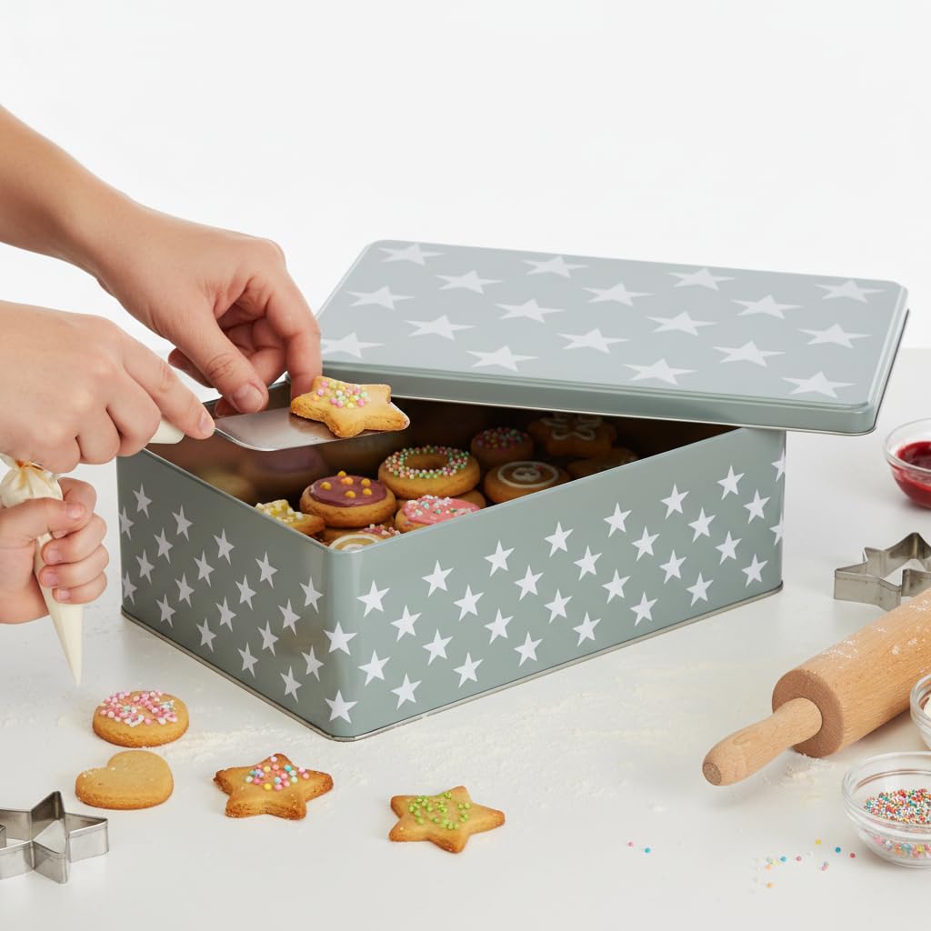 Brandsseller Set di 5 barattoli per biscotti in metallo – Barattoli natalizi con coperchio, contenitori alimentari per biscotti, dolci e pasticcini – Design grigio con stelle