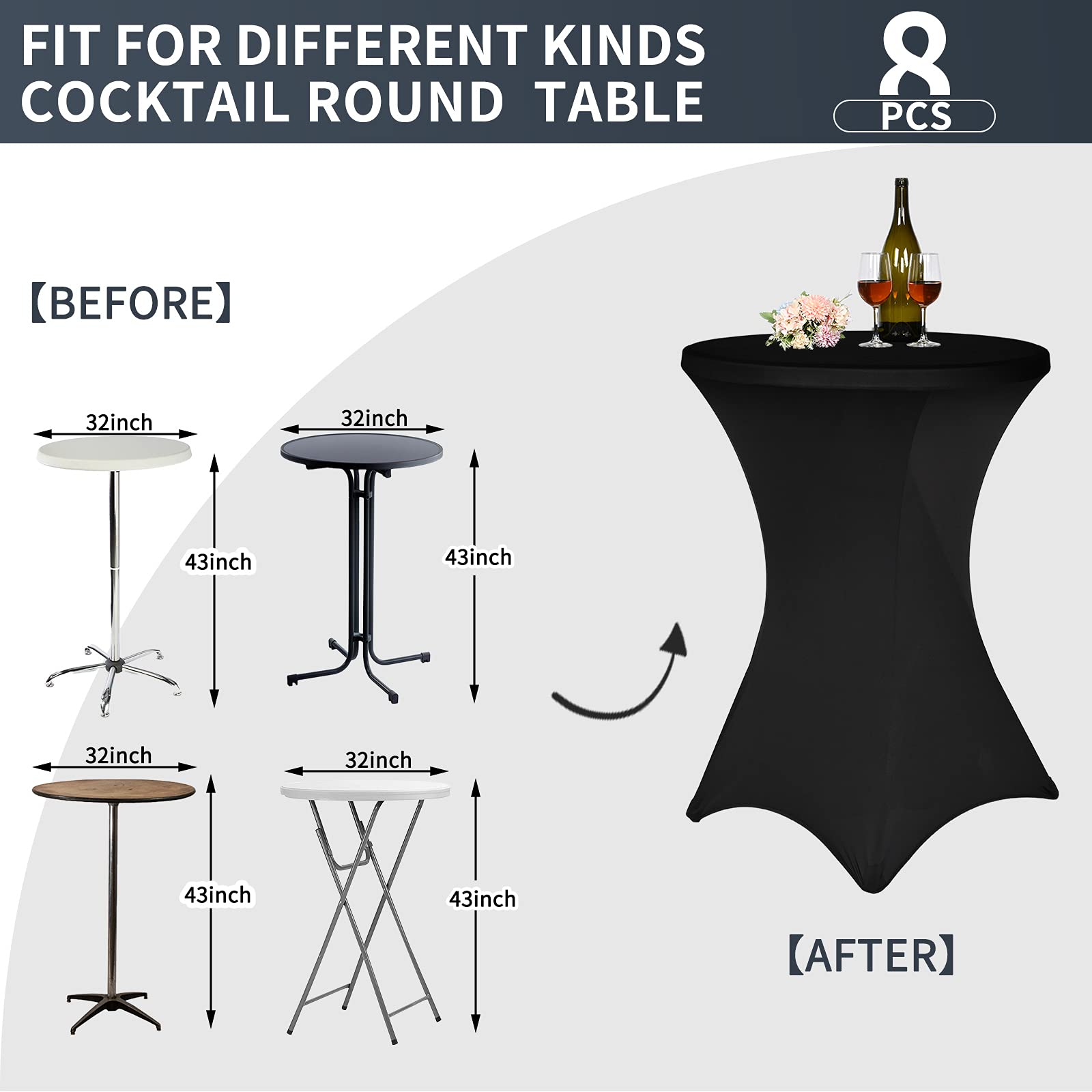 Confezione da 8 tovaglie rotonde da cocktail in spandex elasticizzato con angoli quadrati, 81 x 109 cm, per feste di nozze all'aperto