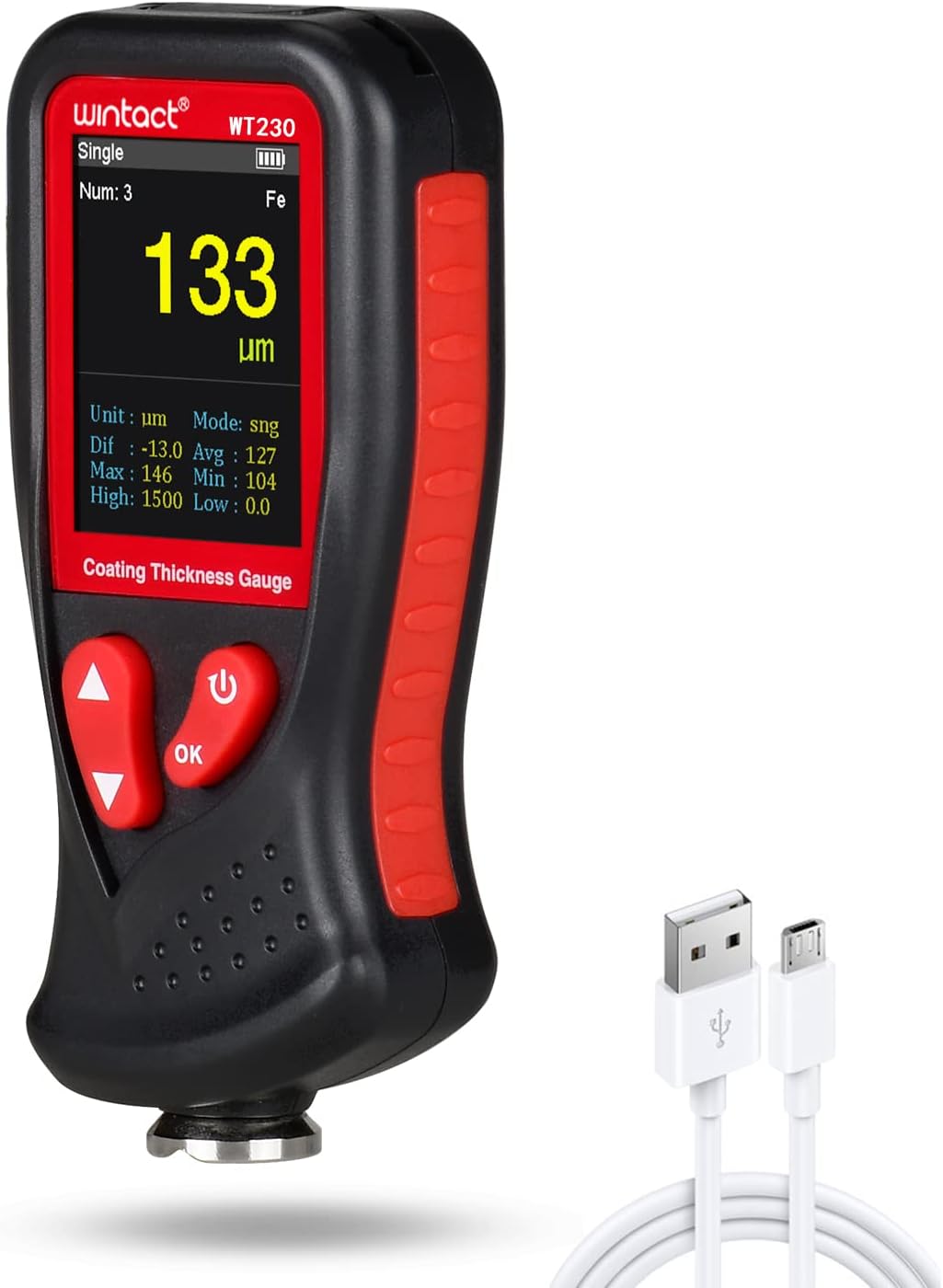 Wintact Paint Coating Thickness Gauge Meter 0~1300um, 1500 Readings Storage, 360°Screen Rotation, Backlit Color Display, Voice Feature, Auto-Off, Rechargeable for Used Car Buyer Check Original Coating