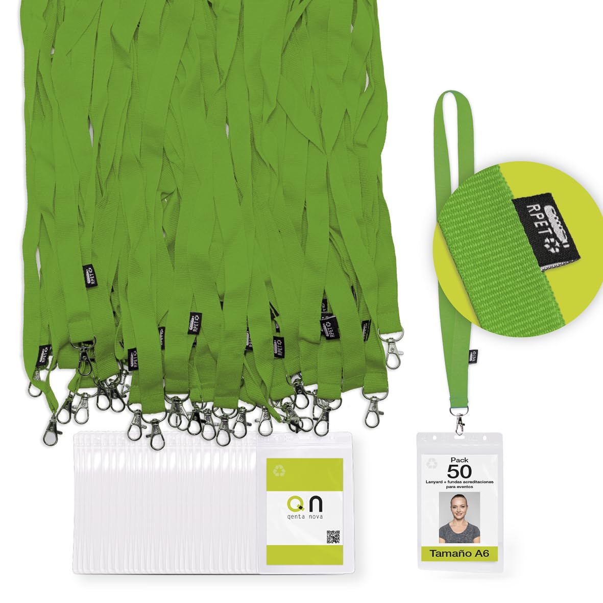 50 porta tarjetas identificativas vertical A6 grandes reciclado - funda acreditaciones colgante transparente con lanyard en material reciclado (Verde)