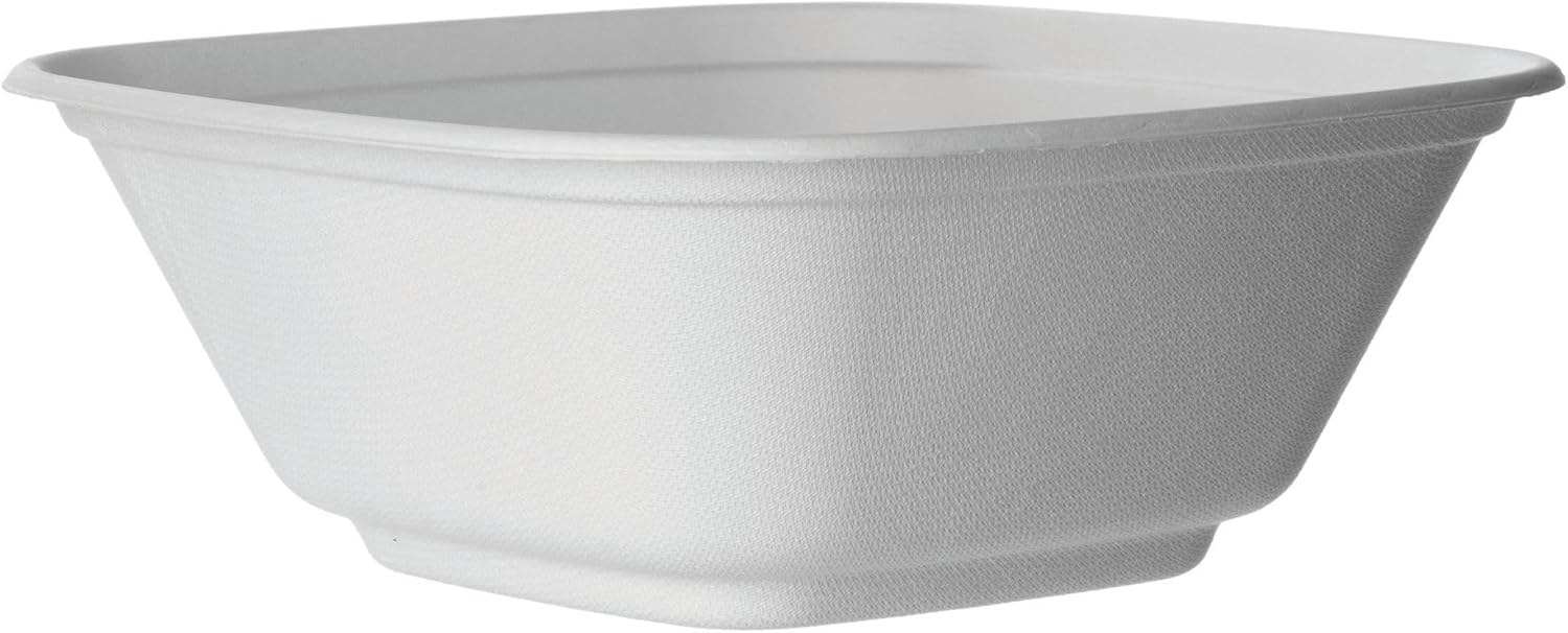 ECO PRODUCTS Compostable 80oz Serving Bowls, Case of 100, Regalia Vanguard Square Container, Disposable Renewable White Molded Fiber, No PFAS, Lid Available, ASTM Compliant, BPI-Certified