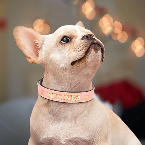 Miniatura 3 de Beirui Collar de perro personalizado con diamantes de imitación dorados, letras y dijes con nombre de mascota, collar de perro de cuero acolchado