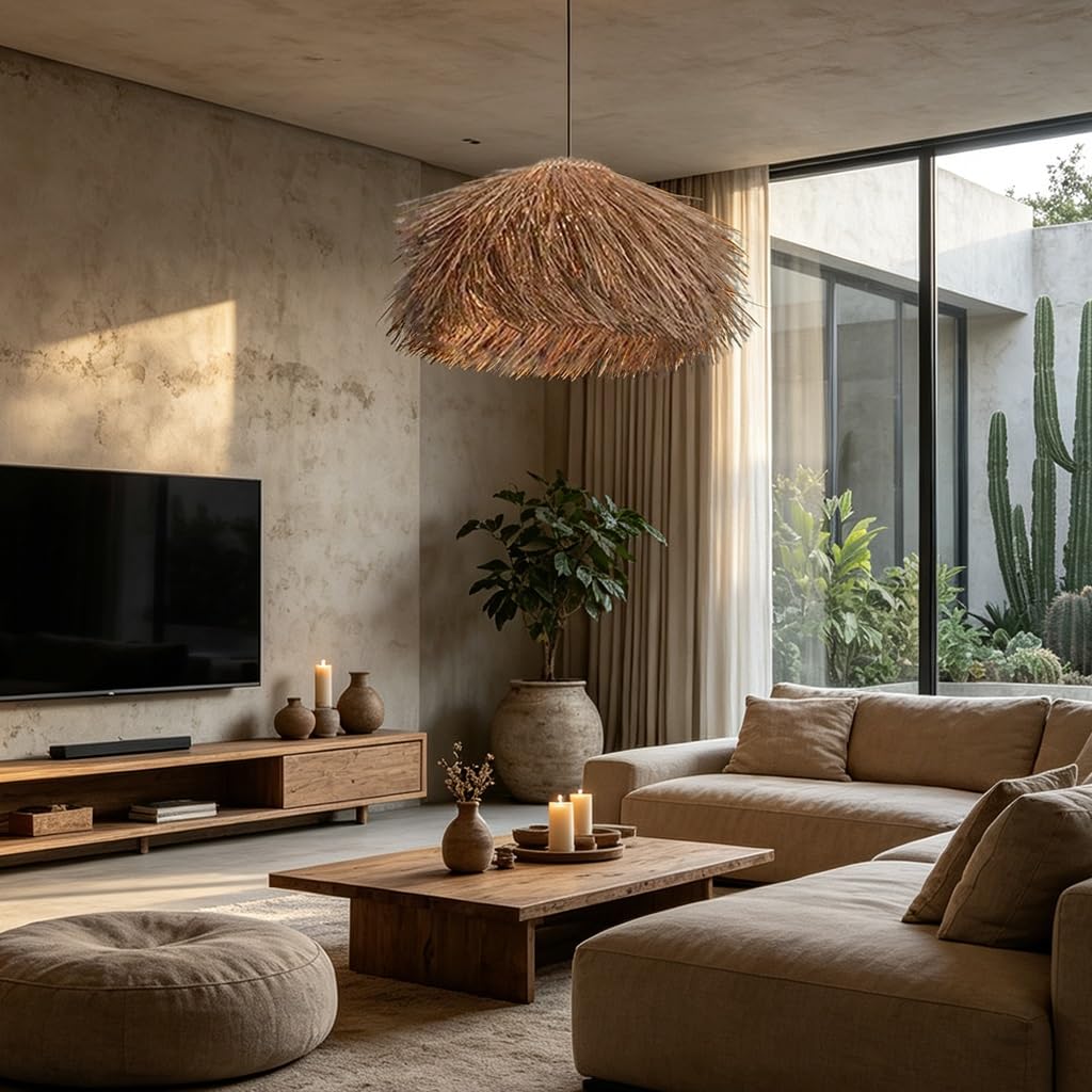 Pendelleuchte E27 Kreative Hängeleuchte Aus Rattan Handgewebt Hutform Vintage Bohemian-Stil Höhenverstellbare Deckenlampe Esstisch Lamp Für Esszimmer Wohnzimmer Schlafzimmer