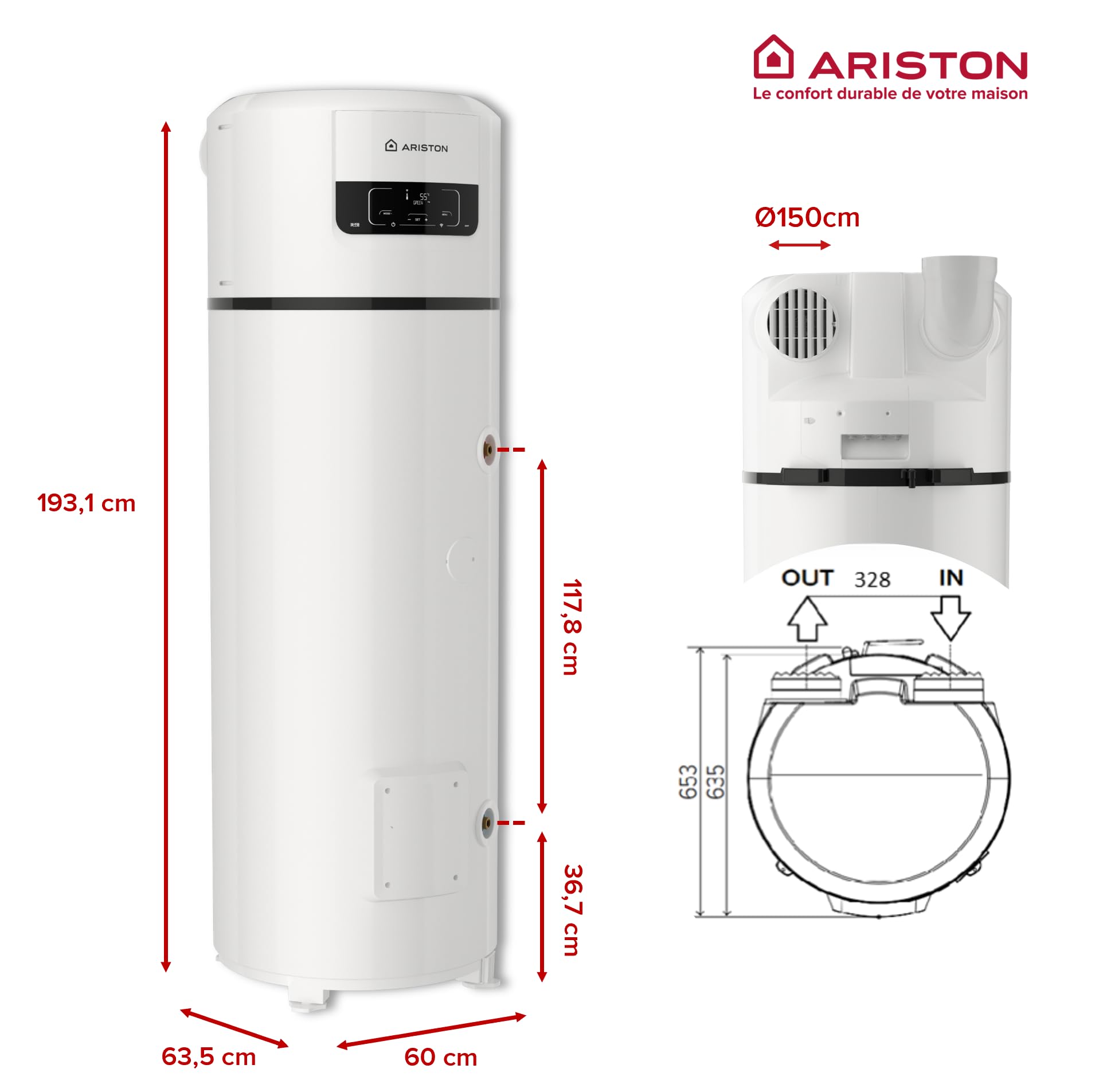 Ariston NUOS PLUS S2 WIFI 250L, Chauffe-eau Thermodynamique Gainable A+, 80% d'Économie, COP 3.54 à 7°C, ACI Cuve Titane, Made in France