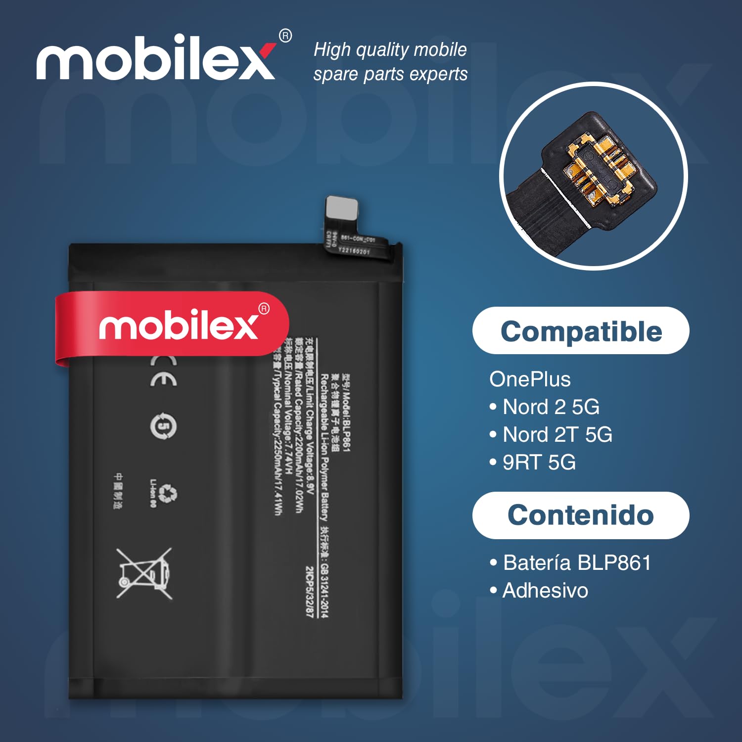 MOBILEX® Batería BLP861 para OnePlus Nord 2 5G / Nord 2T 5G / 9RT 5G | 4500mAh - OEM | Interna Repuesto con Adhesivo | Carga Rápida | Capacidad Original