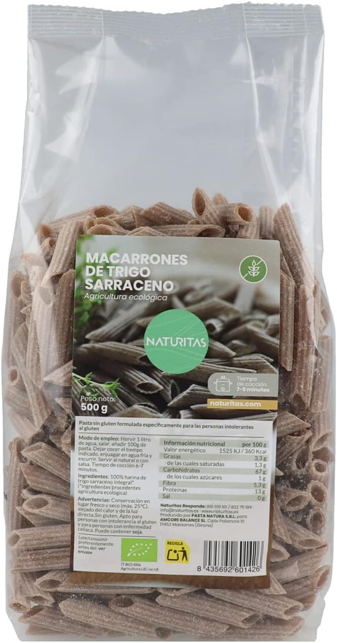 Macarrones de Trigo Sarraceno 500g BIO Naturitas Essentials | Macarrones sin gluten | 100% harina de trigo sarraceno | Sin GMO