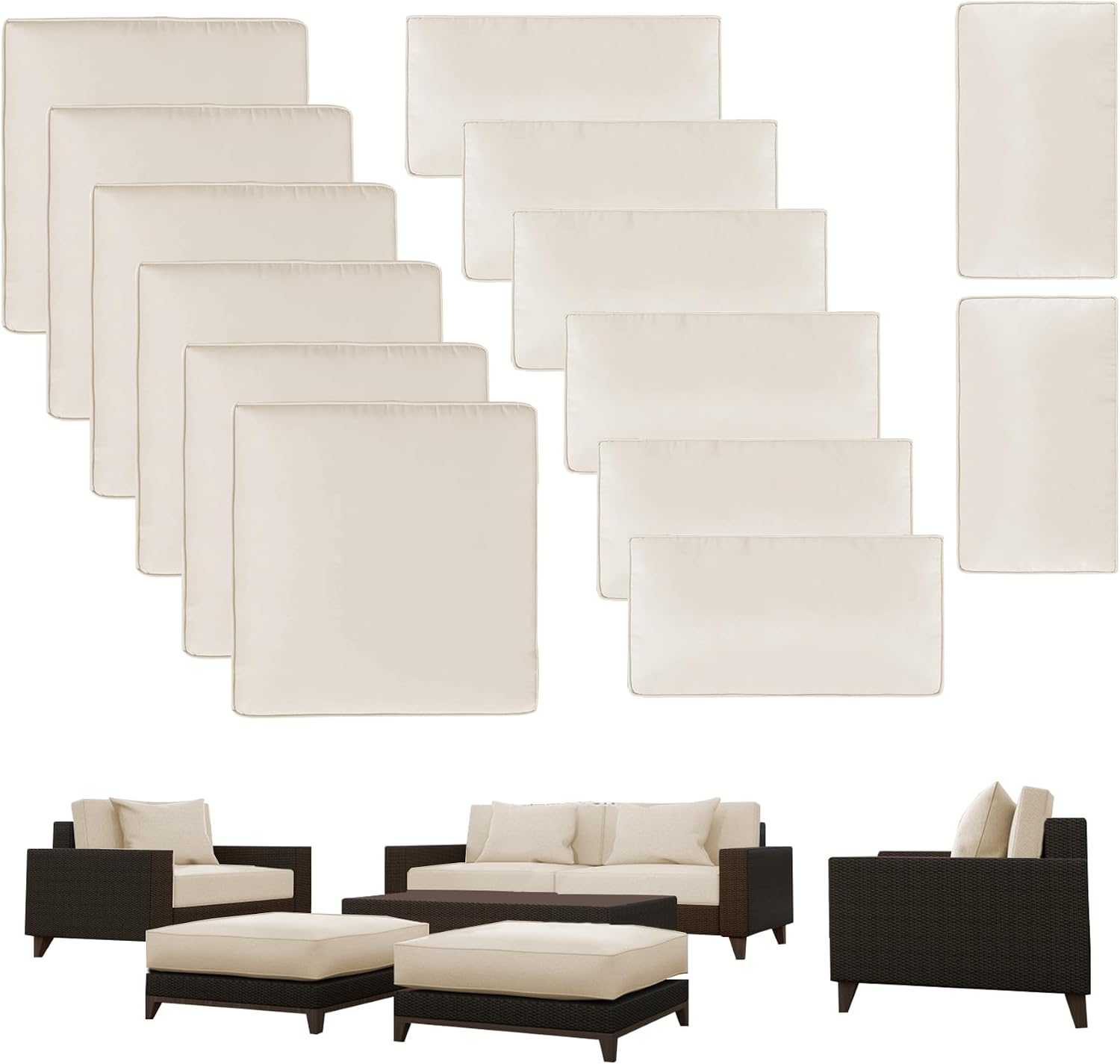 ELFWARRIOR Patio Cushion Covers Set 14pcs,Waterproof Outdoor Furniture Cushion Covers with Zipper,Washable Reusable Seat Cushion Replacement Slipcovers for Patio Furniture Protector-Beige