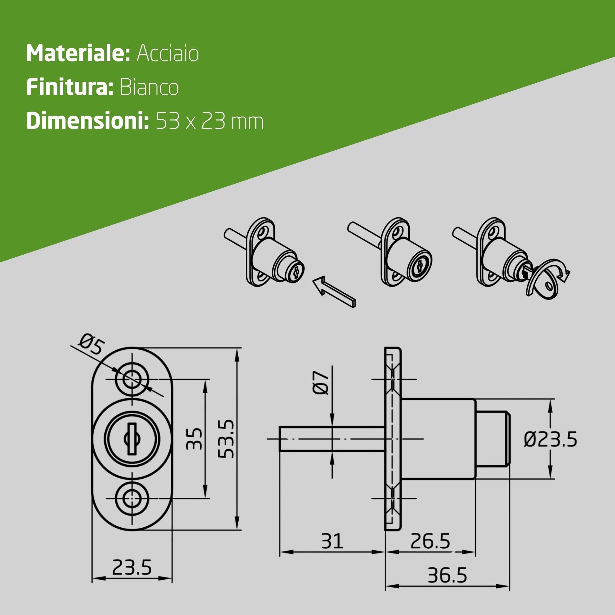 Amig - Serratura di sicurezza per finestre scorrevoli Mod.45; Chiusura a sovrapporre con 2 chiavi e Tirafondi per l'installazione, In acciaio Finitura bianco, Dimensioni: 53 x 23 mm