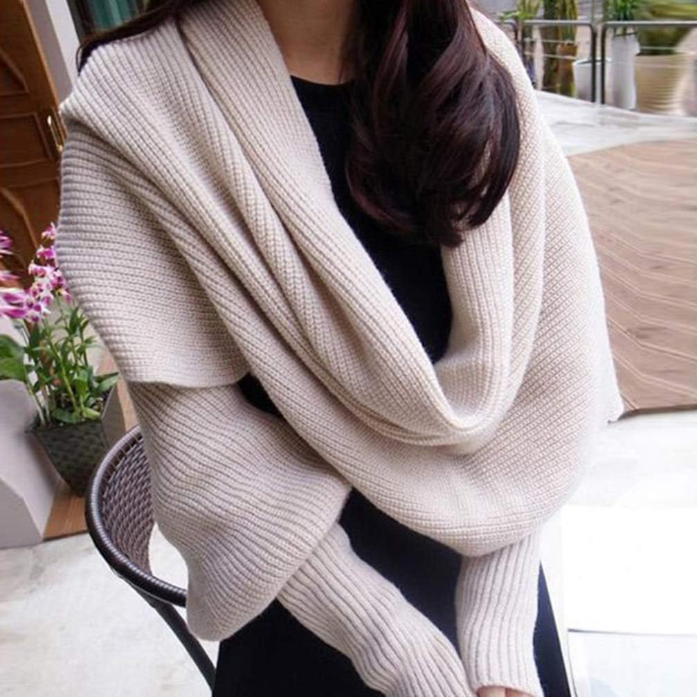 SEWACC Knitted Wrap Scarf Autumn Winter Knitted Scarf with Sleeves Unisex Cape Shawl for Women Men (Beige)
