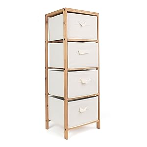 THE SECRET HOME - Mueble Auxiliar de Madera - Cajonera de 4 Cajones en Madera y Tela – Color Marrón y Beige - Mueble Organizador para Baño, Cocina, Salón, Dormitorio