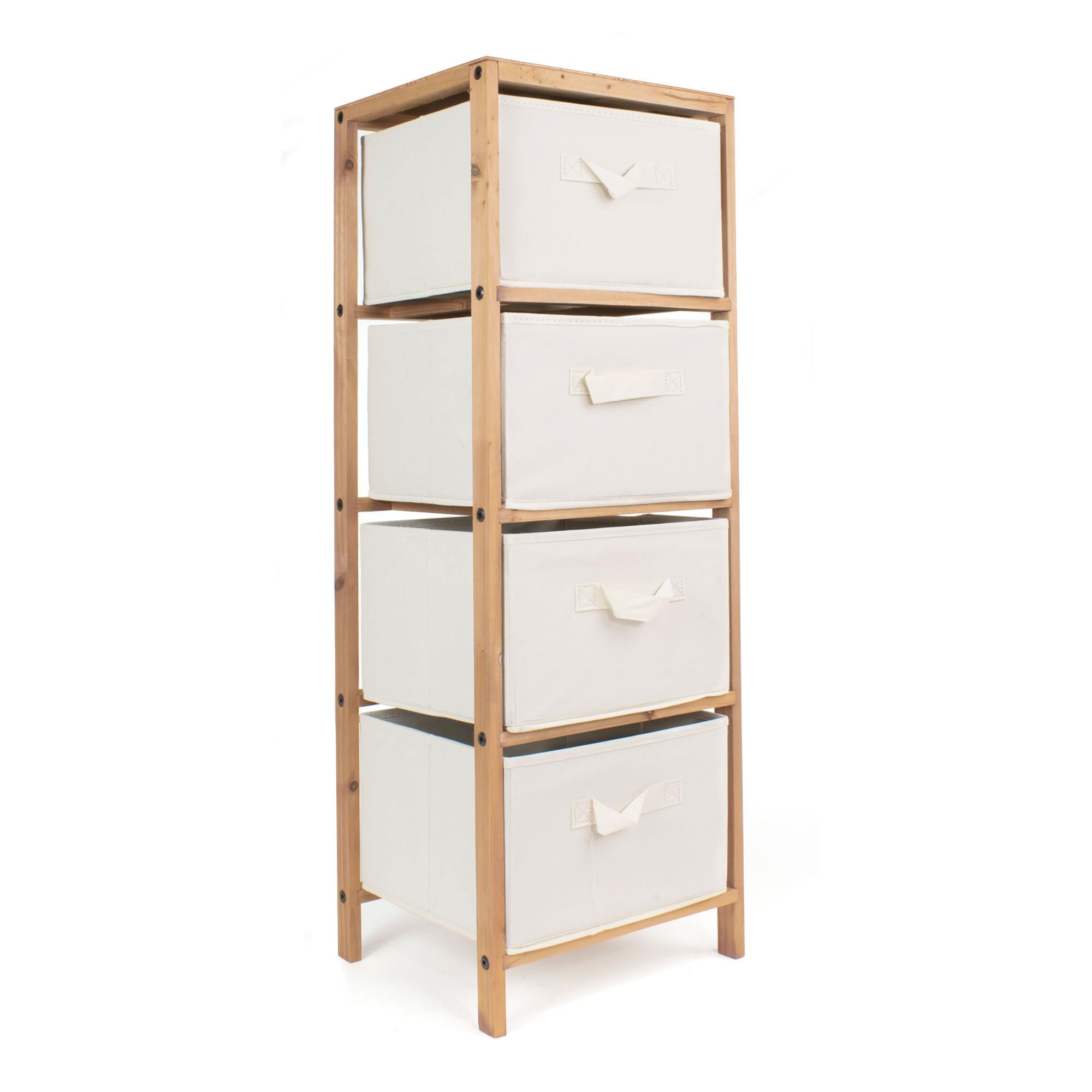 THE SECRET HOME - Mueble Auxiliar de Madera - Cajonera de 4 Cajones en Madera y Tela – Color Marrón y Beige - Mueble Organizador para Baño, Cocina, Salón, Dormitorio