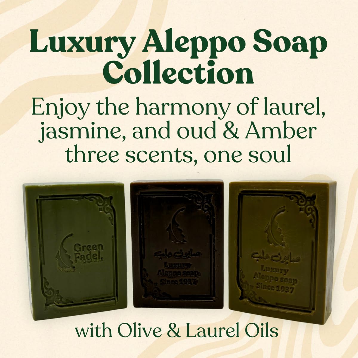 GREEN FADEL Sapone di Aleppo Luxury, Set da 3 pezzi: Alloro, Oud & Ambra, Gelsomino, con Olio d'Oliva e Olio di Alloro, Sapone all'Olio d'Oliva