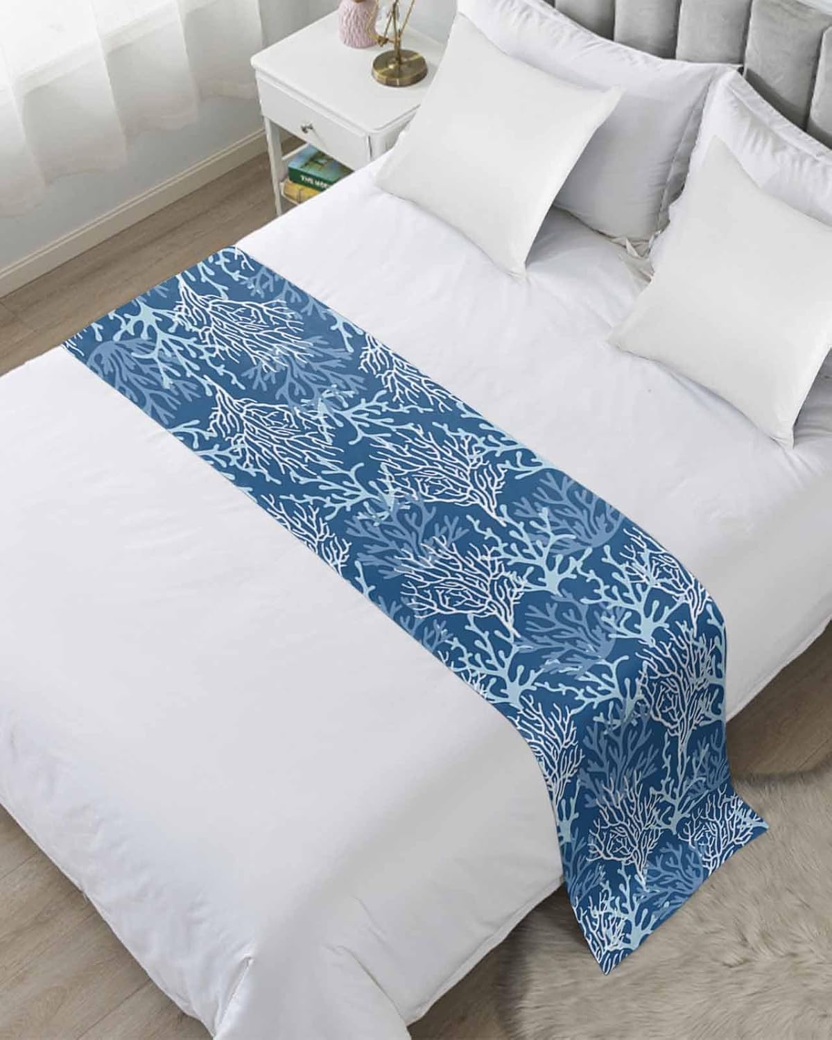Blue Coral Coastal Bed Runner for King Size Bed, Bedspread Protector Slipcover Bed Scarf for Foot Bed Runners & Scarves for Bedroom Hotel Wedding Room 102x20 Inches Ocean Nautical Seaside Beach