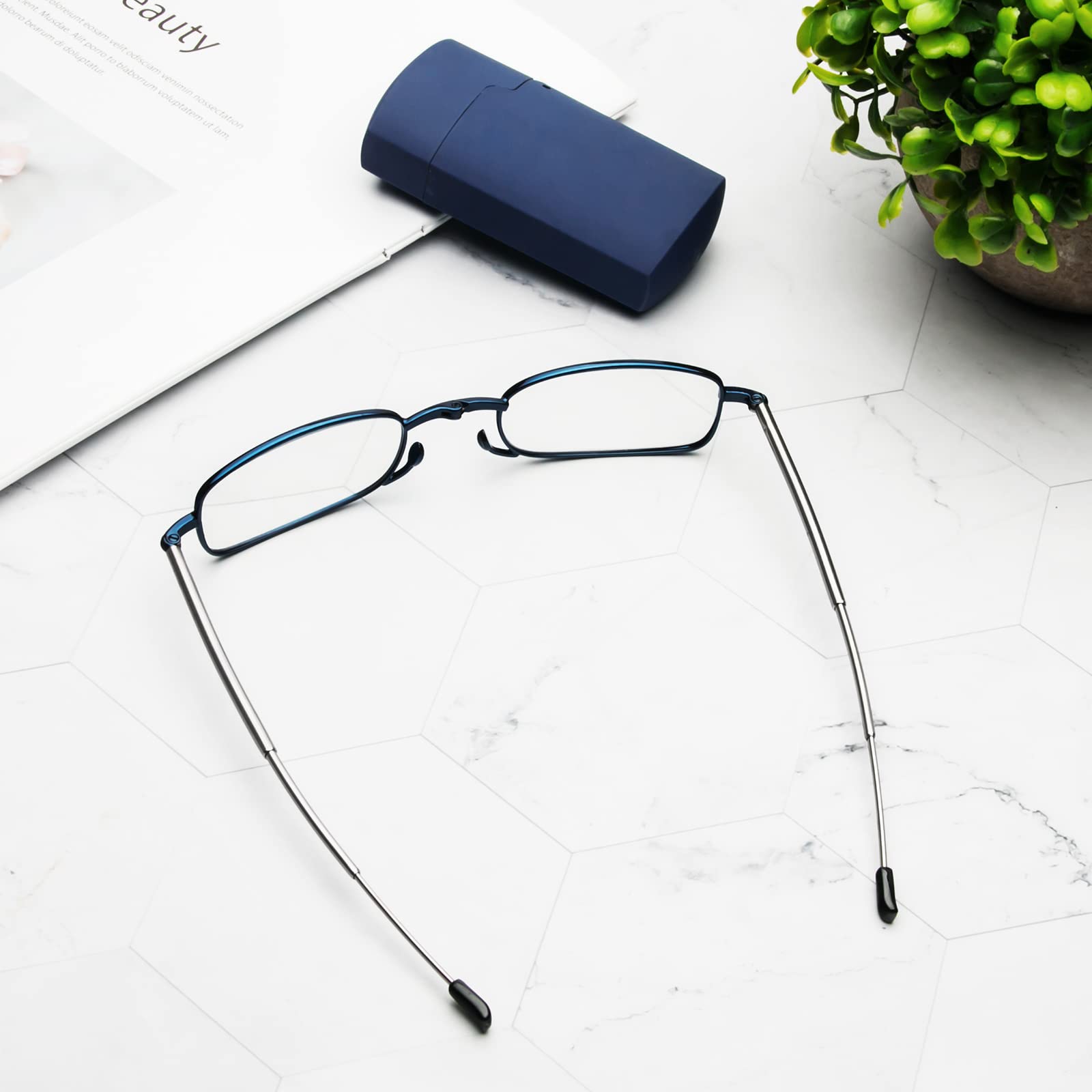 MMOWW Filtro de Luz Azul Gafas de Lectura Plegables Para Hombres y Mujeres con Varillas Telescópicas con Estuche Portátil (Azul, +2.0)