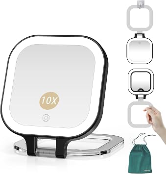 Mocado Compact Travel Makeup Mirror, 1X/10X Magnifying Mirror with Light