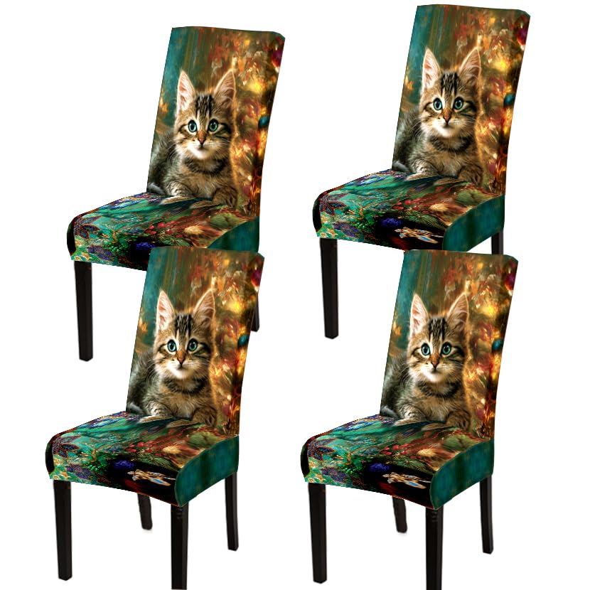 Image of Christmas Kitten Dining Chair Covers Set of 4, Stretch Slipcovers