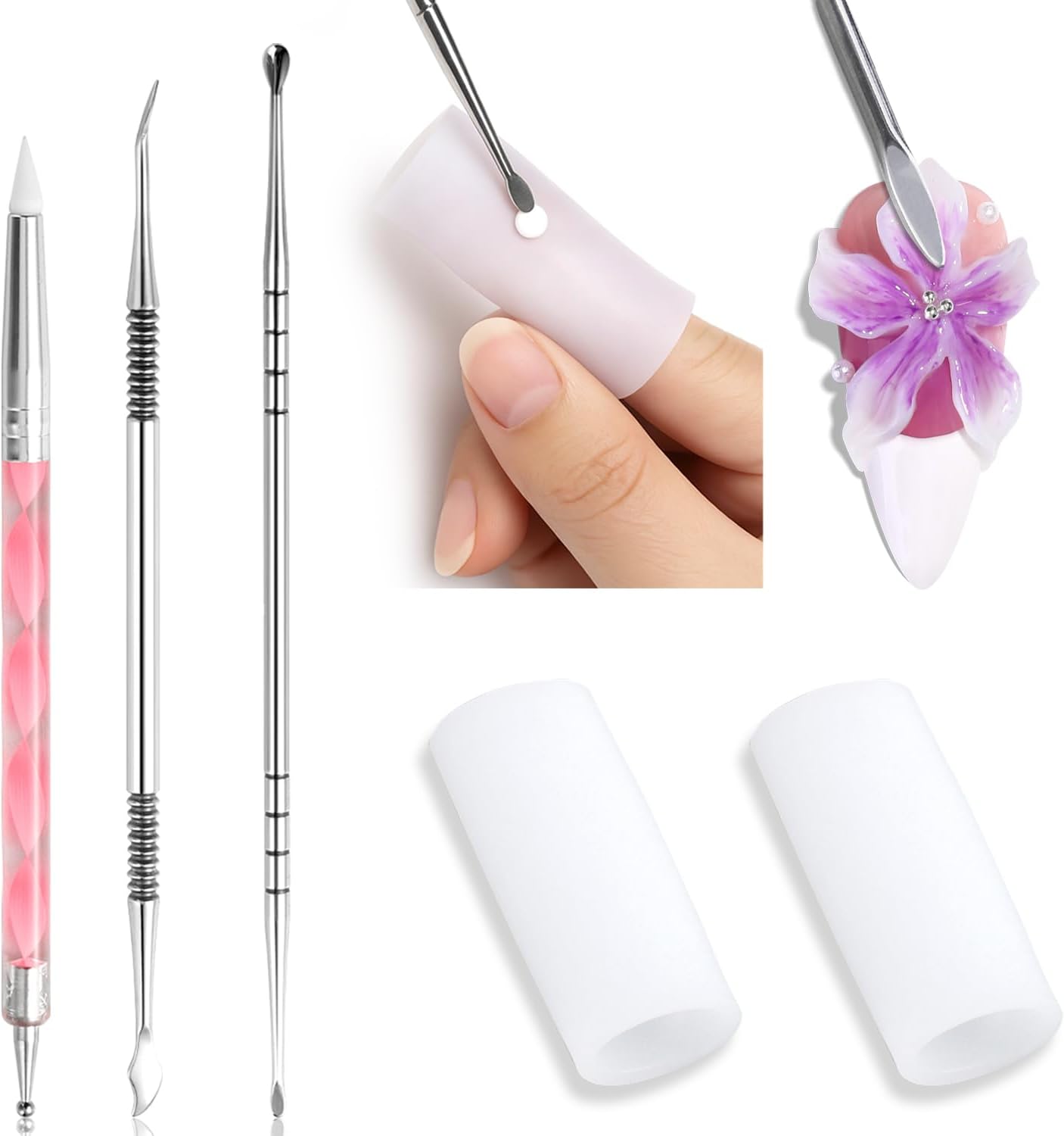 3D Nail Art Sculpting Tools Set, 3 Pack Dual-Head Carving Pens with 2 Silicone Finger Sleeves for Acrylic Gel Flowers Design, DIY Manicure Professional Salon Supplies for Nail Techs