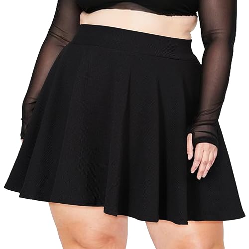 Moon Wood Damen Basic Mini Skater Rock Stretch Hohe Taille Lässig Faltenrock Ausgestellt Pull On Skirt Röcke Große Größen - XL - Schwarz