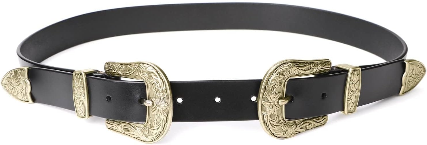 JASGOOD Double Buckle Western Belts For Woman Cowgirl Country Belt Vintage Black Leather Belt For Jeans Pants Dresses