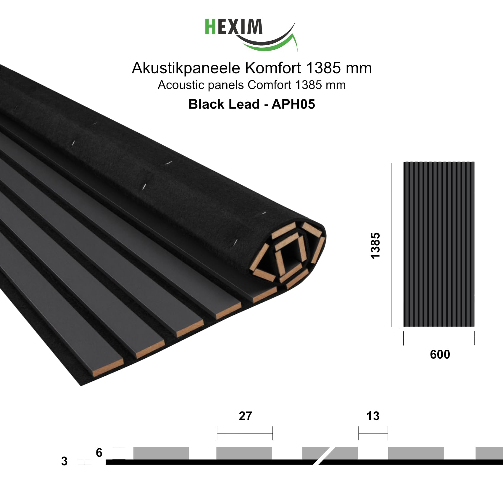 HEXIM Pannelli Acustici 138,5x60cm - Parete a Lamelle Flessibile Legno MDF Pannelli Murali Rivestimento a Lamelle Rivestimento Murale (8 pannelli / 6,64 m² Black Lead - APH05)