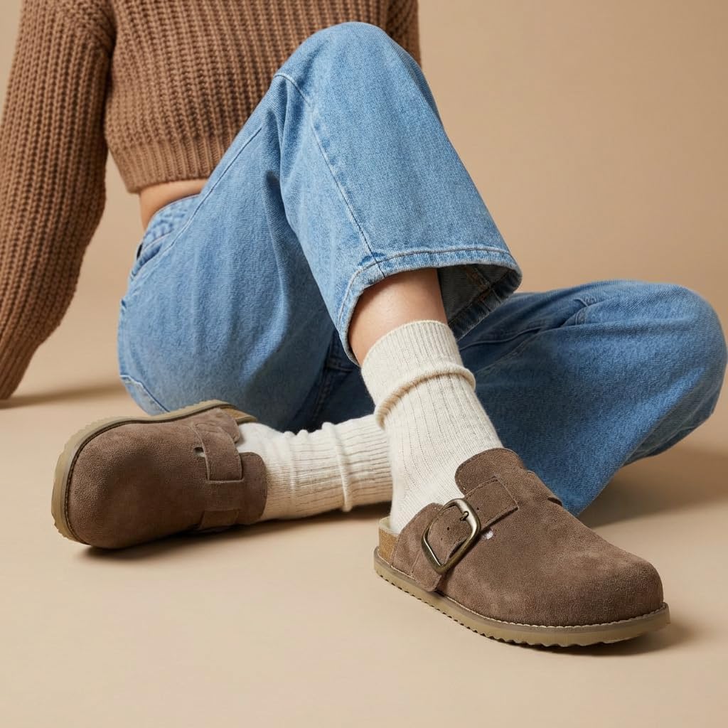CUSHIONAIRE Women's Blain Genuine Suede Slip-On Clogs with + Memory Foam & Chic Buckle Mule - Comfortable, Non-Slip, Wide Widths Available