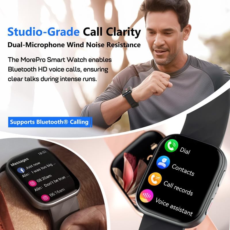 MorePro Smart Watch showing call and message features, including a voice assistant.
