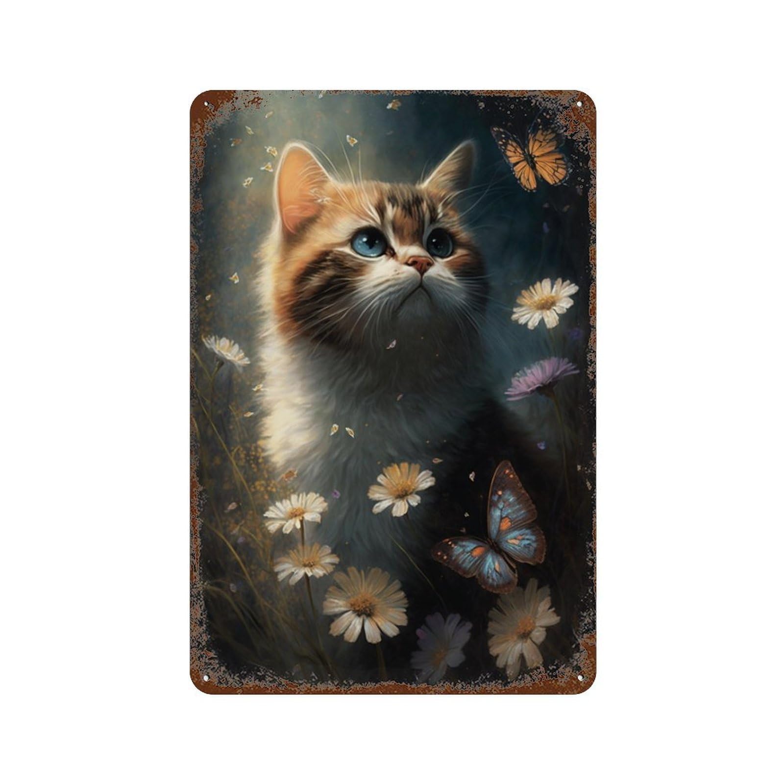 Kitten with Butterflies And Flowers Retro Metal Sign 11.8"x7.9", Vintage Wall Decor for Bistro, Counter And Cafe Decor