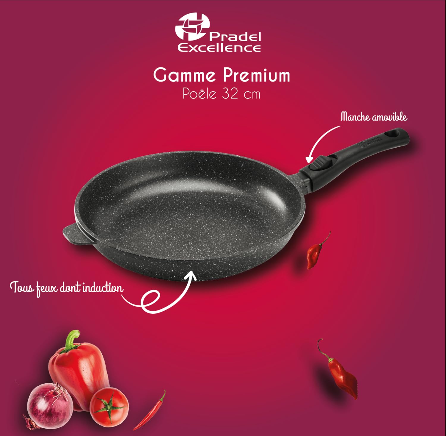 Pradel Excellence - PCUI001004 - Poêle en Fonte d'Aluminium Premium Ø32cm - Revêtement Anti-Adhésif Façon Pierre - Manche Amovible - Tout Feu, Induction, Four, Noir