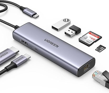 UGREEN USB C HUB 4K@30Hz HDMI Output 7-IN-1 Type-C Adapter 4K HDMI 100W Power Delivery Gigabit Ethernet LAN Port 2 x USB 3.0 Ports SD/Micro SD Card Reader Surface Dell MacBook Air M1 M2