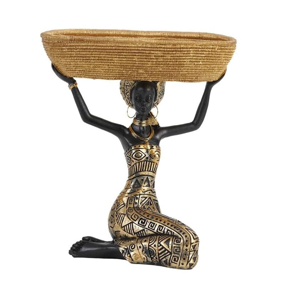 Pihutique Arts African Lady Figurine with Golden Storage Basket, 22cm Tribal Woman Statue, Decorative Resin Art for Entryway Key Holder, Jewelry Organizer & Home Office Decor-19.5 * 12.5 * 22CM