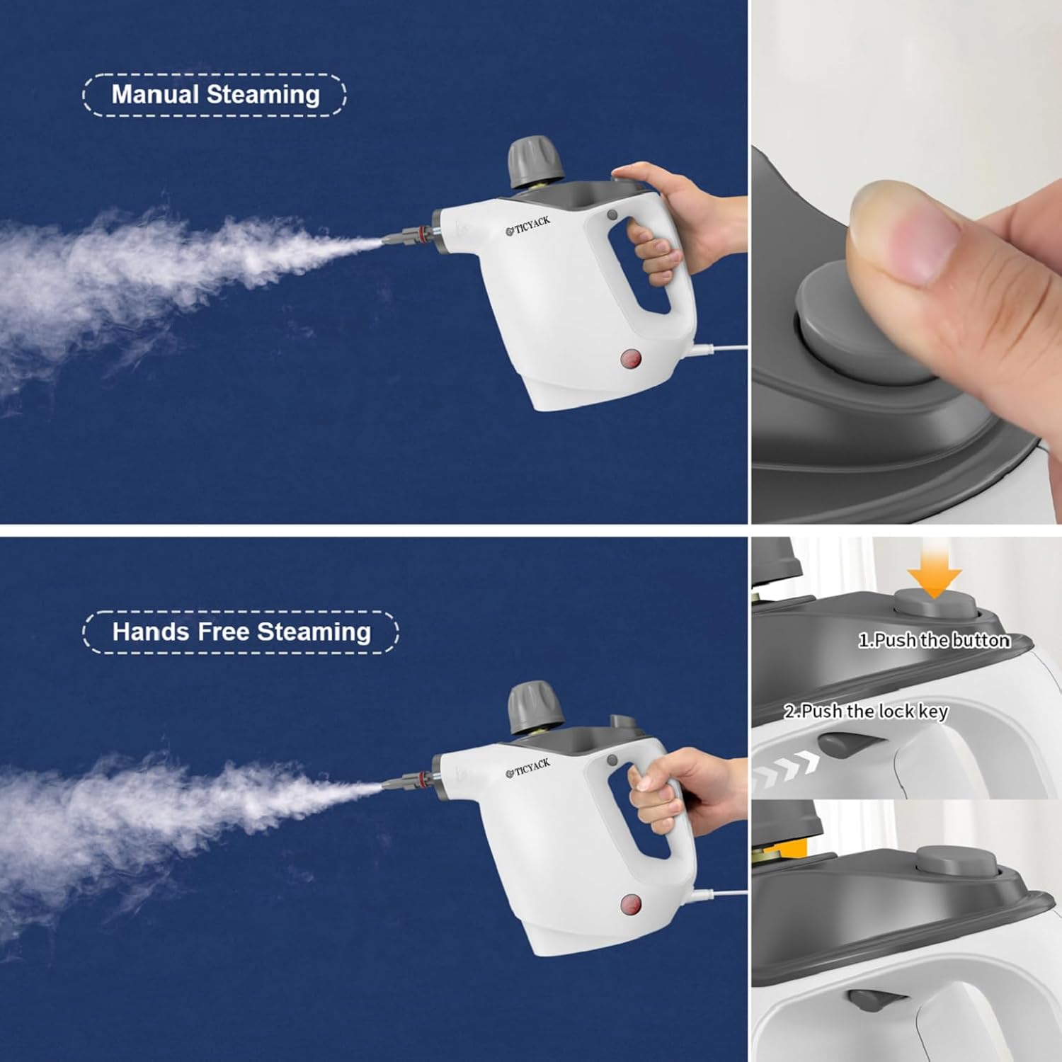 Images demonstrating manual steaming by holding a button and hands-free steaming by engaging a lock key