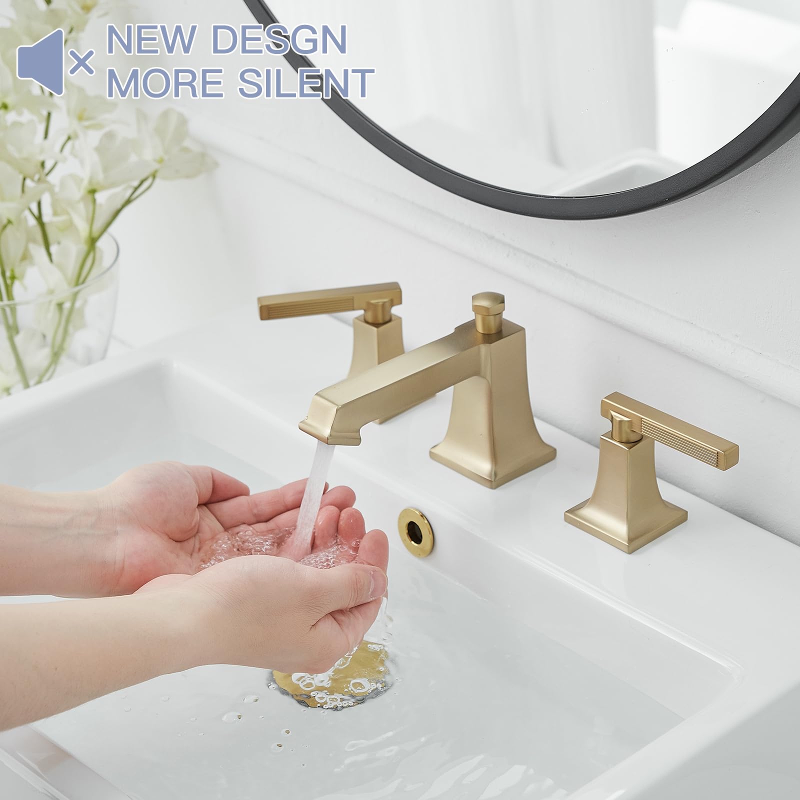Rubinetto da Bagno a Installazione diffusa, Finitura Oro Spazzolato, Rubinetto da Bagno per lavabo, 3 Fori, Ottone, 2 Maniglie, Rubinetto Quadrato Moderno per lavabo.
