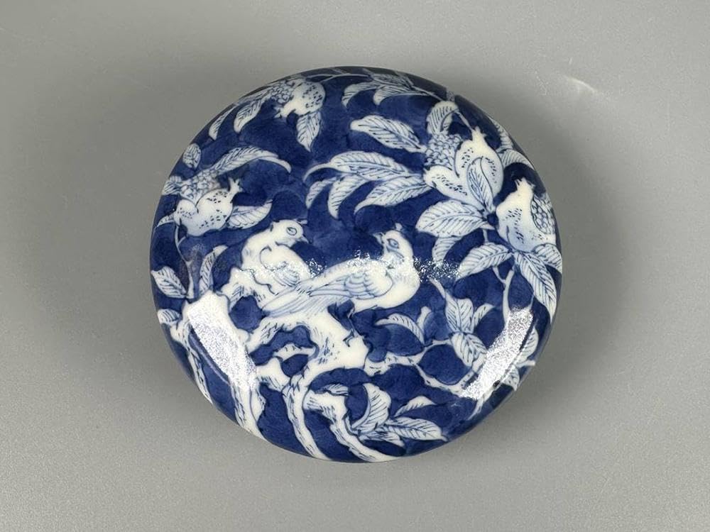 Amazon.co.jp: 瓷 瓷器 青花留白花鳥紋印泥盒 清代 柘榴 喜鵲 染付文様 
