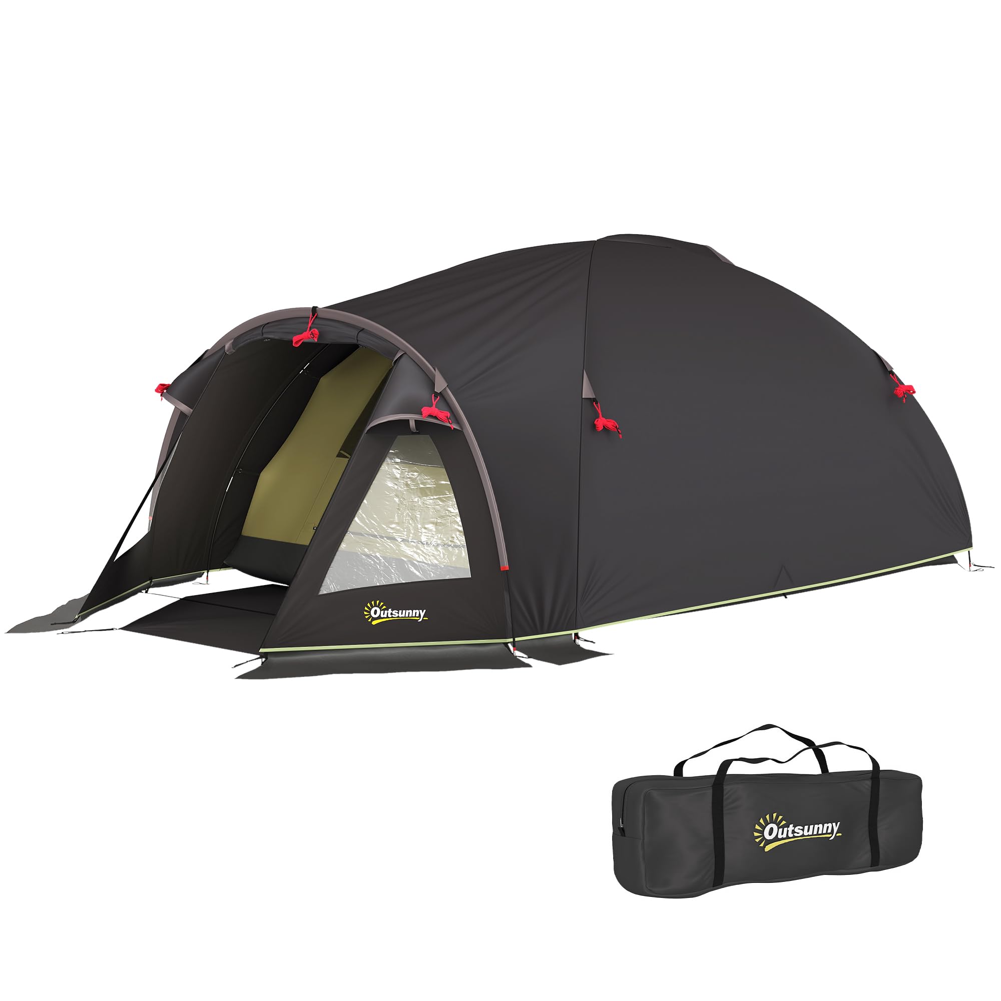 Outsunny Tenda da Campeggio a Tunnel per 2 Persone 2 Stanze Impermeabile 3000mm 330x190x120 cm Nero