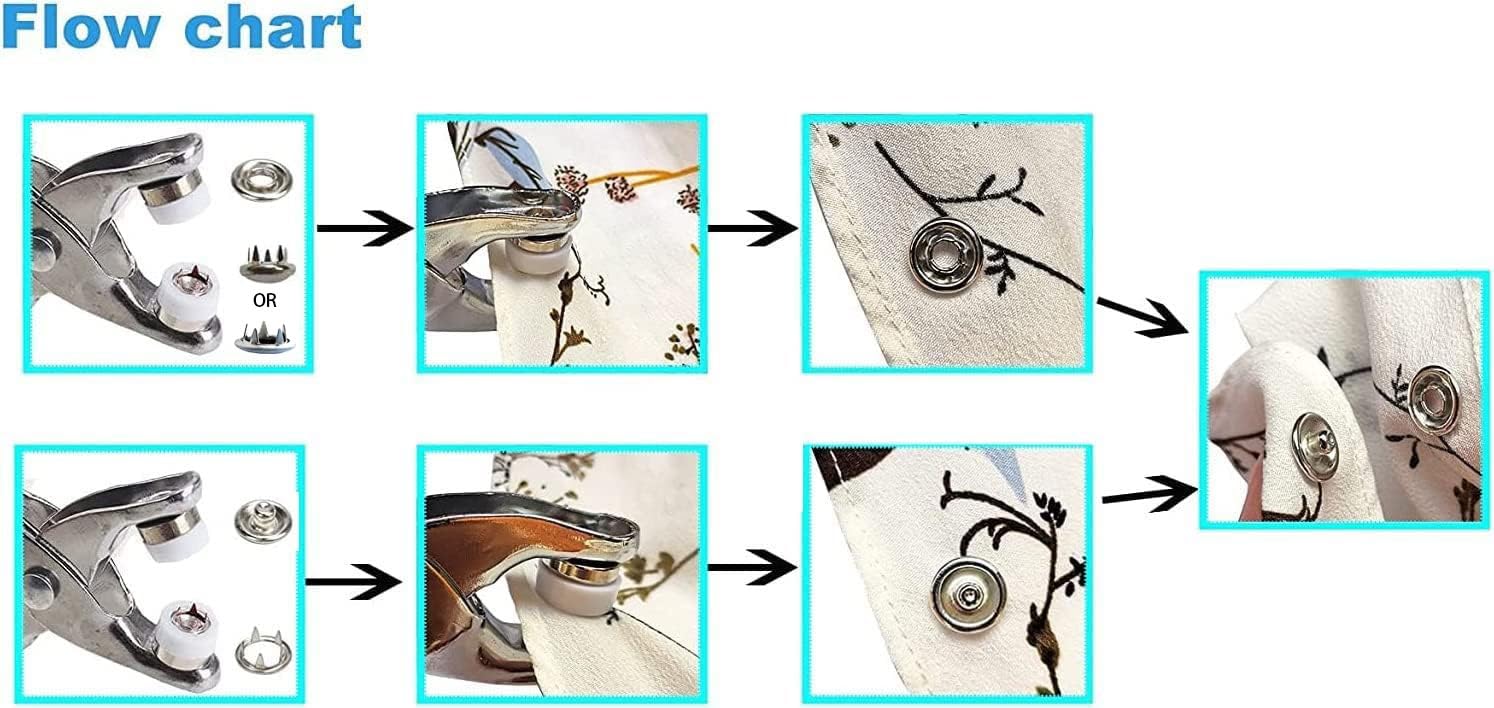 JAUEIVR Juego de 200 cierres a presión, 10 mm, estilo perla + 10 colores de botones de metal de 9,5 mm con pinzas de sujeción, kit de herramientas de prensa para manualidades de costura