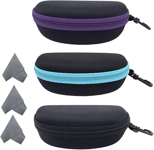 Paquete de 3 gafas de sol caso portátil de viaje cremallera gafas caso gancho con paño de limpieza