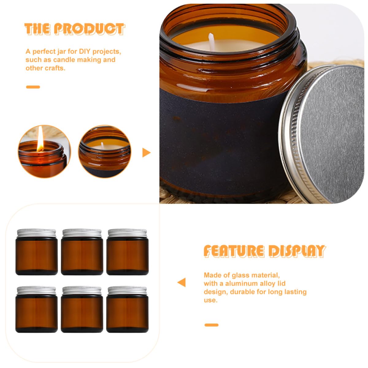 Artibetter Set da 6 Barattoli di Vetro Ambrato per Candele con Coperchio in Alluminio, Contenitori Riempibili da 120g per Candele Fai da Te, Vasetti Profumati per Decorazioni e Bomboniere