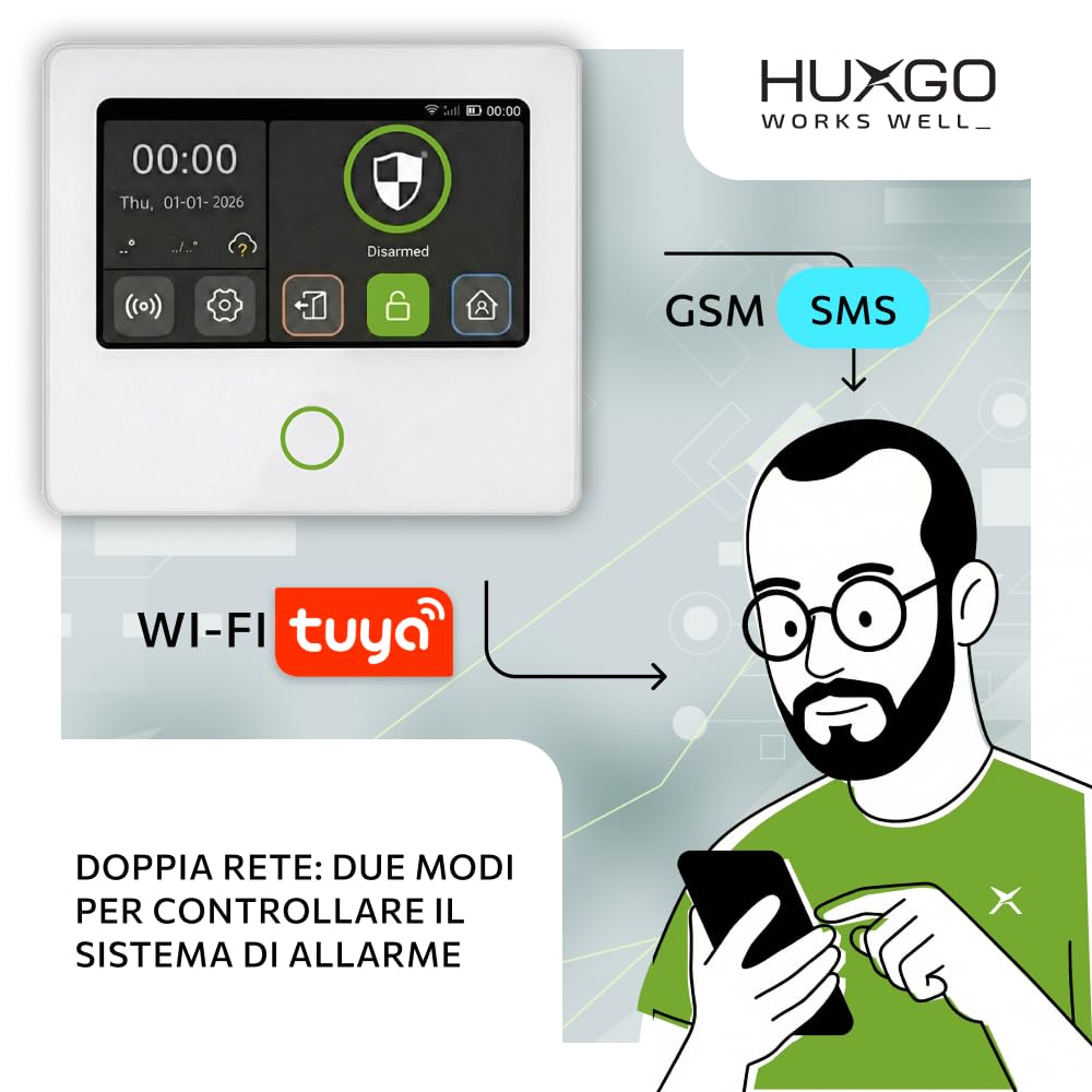 Kit antifurto casa wireless WiFi + GSM con sirena solare | Sistema allarme casa senza fili con 1x sensori di movimento, 1x sensori per finestre/porte | Compatibile con TUYA - Modello HUXGO HXA502