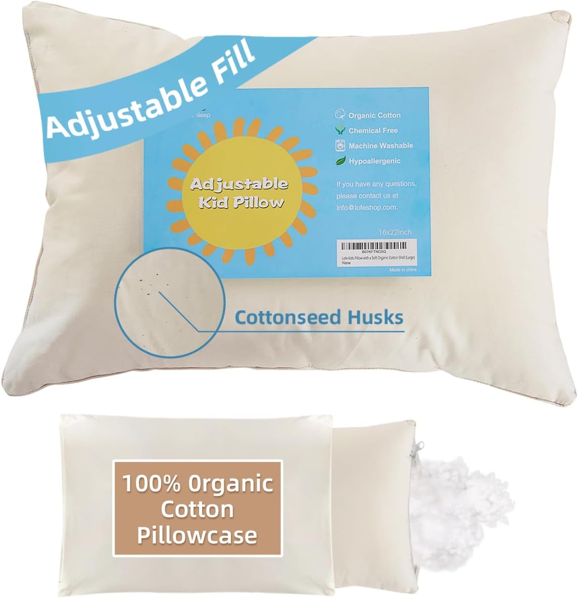 LOFE Organic Kids Pillow with Pillowcase - 16x22 Youth Pillow with 100% Organic Cotton Shell, Adjustable Loft Organic plilow, Machine Washable, Soft, Hypoallergenic, Perfect Pillows for Kids&Youth