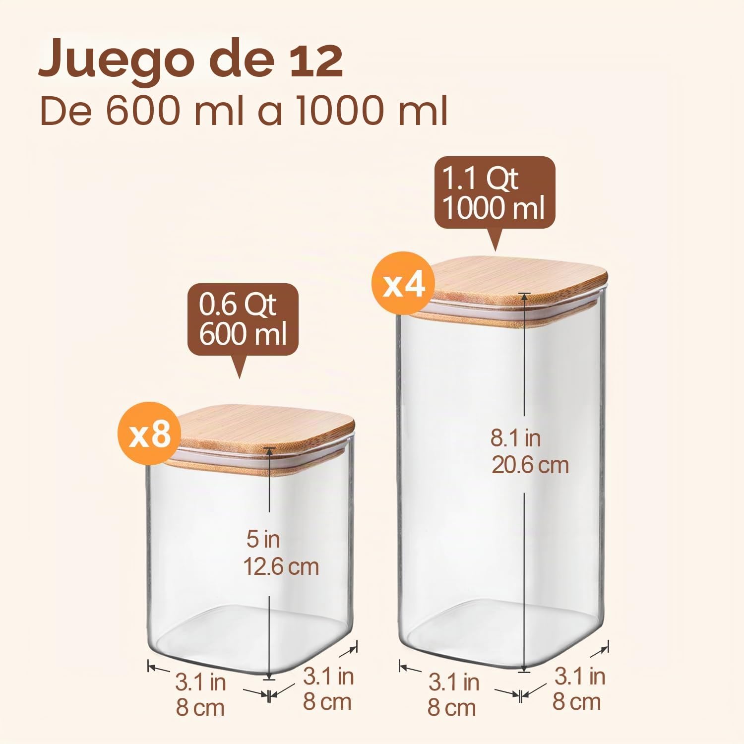 ComSaf Tarros de Cristal con Tapa, Frascos de Vidrio con Tapa, 600-1000 ml, Set de 12 Piezas, Adecuado para Anacardos, Queso Seco, Trozos de Anacardo