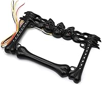 Vista 7 de HTTMT - Marco de placa de matrícula 3D con diseño de calavera y huesos en llamas, negro, con luz LED de marcha atrás y giro, compatible con H-D