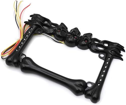Miniatura 7 de HTTMT - Marco de placa de matrícula 3D con diseño de calavera y huesos en llamas, negro, con luz LED de marcha atrás y giro, compatible con H-D