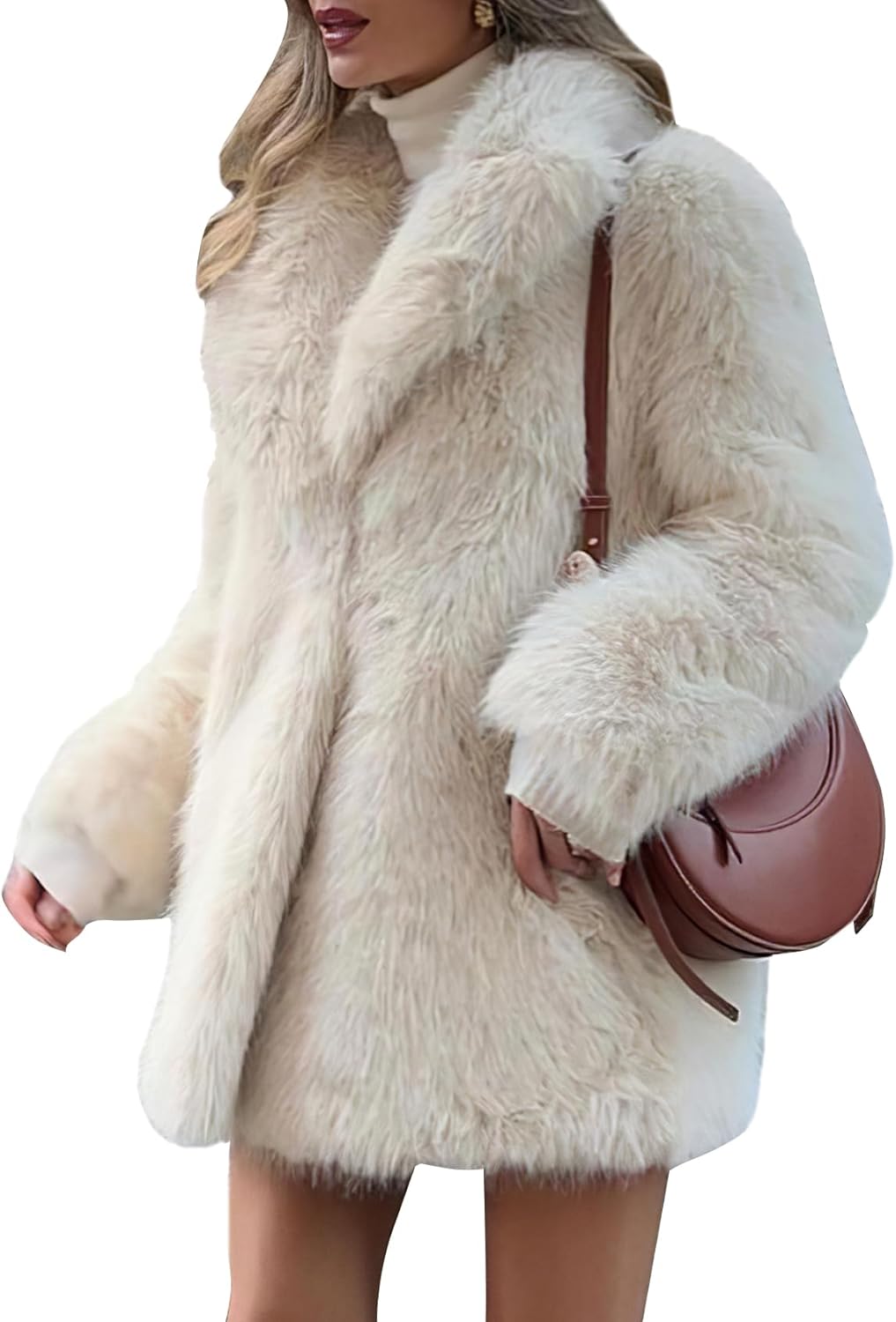 PEHMEA Women's Mid-Length Faux Fur Coats Winter Warm Fuzzy Jackets Lapel Fashion Luxury Fluffy Shaggy Parka Coat
