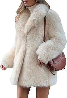PEHMEA Women's Shaggy Faux Fur Coat - Mid-Length Warm Fuzzy Parka Jacket with Fluffy Lapel & Pockets