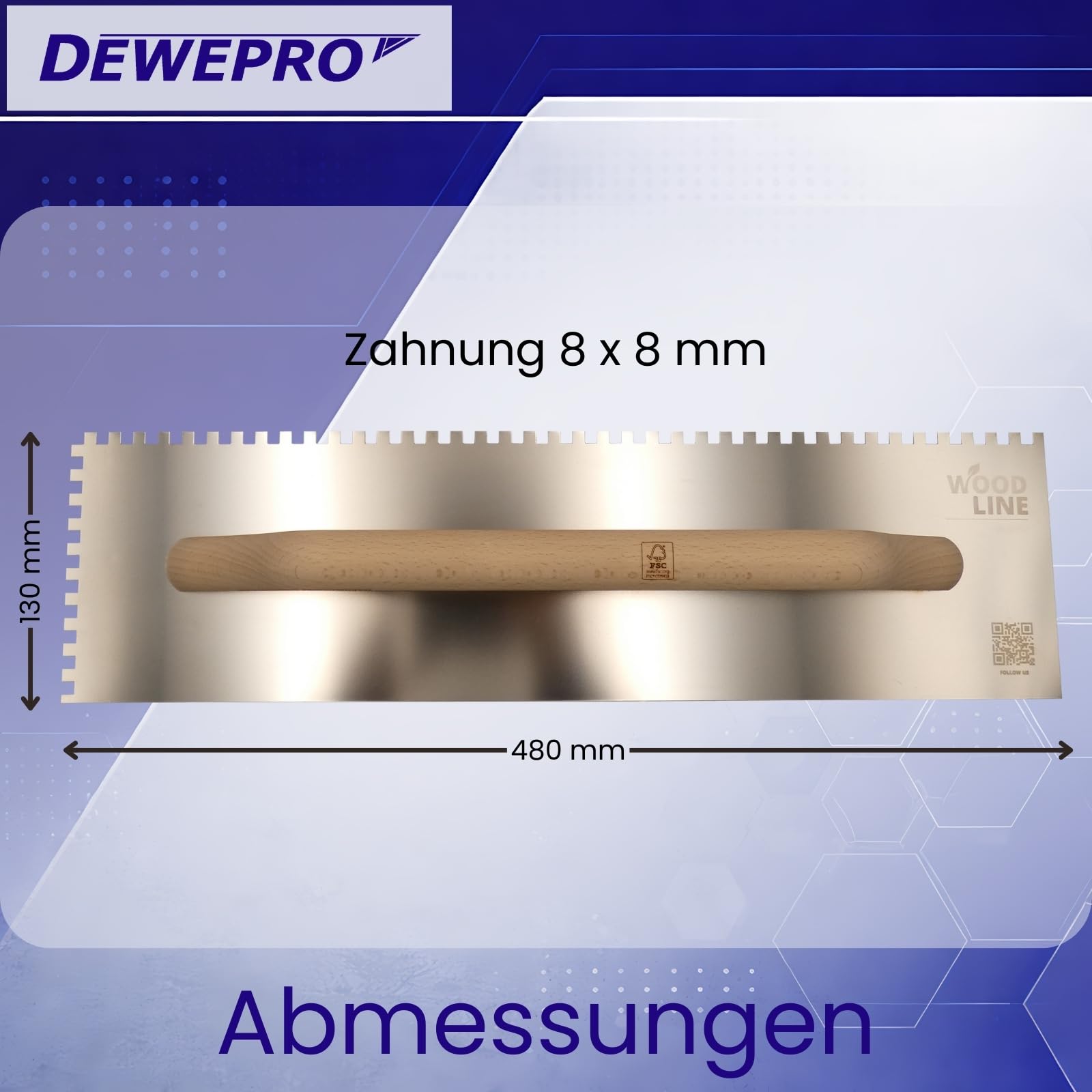 DEWEPRO Schweizer Glättekelle - Glättkelle - Aufziehplatte - Aufziehglätte - Edelstahl 480x130mm -gezahnt 8x8mm - Zahnglättekelle